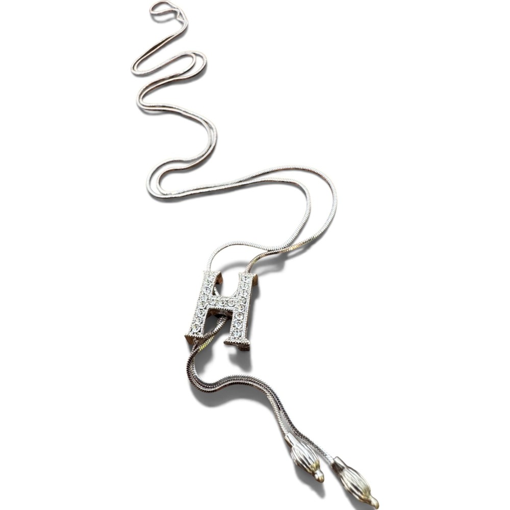 Silver Tone Necklace H Initial Adjustable Lariat Rhinestone Slide 32 in